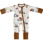 Mebie Baby Construction Trucks Ribbed Bamboo Zipper Onesie For Newborns To 18 Months - 