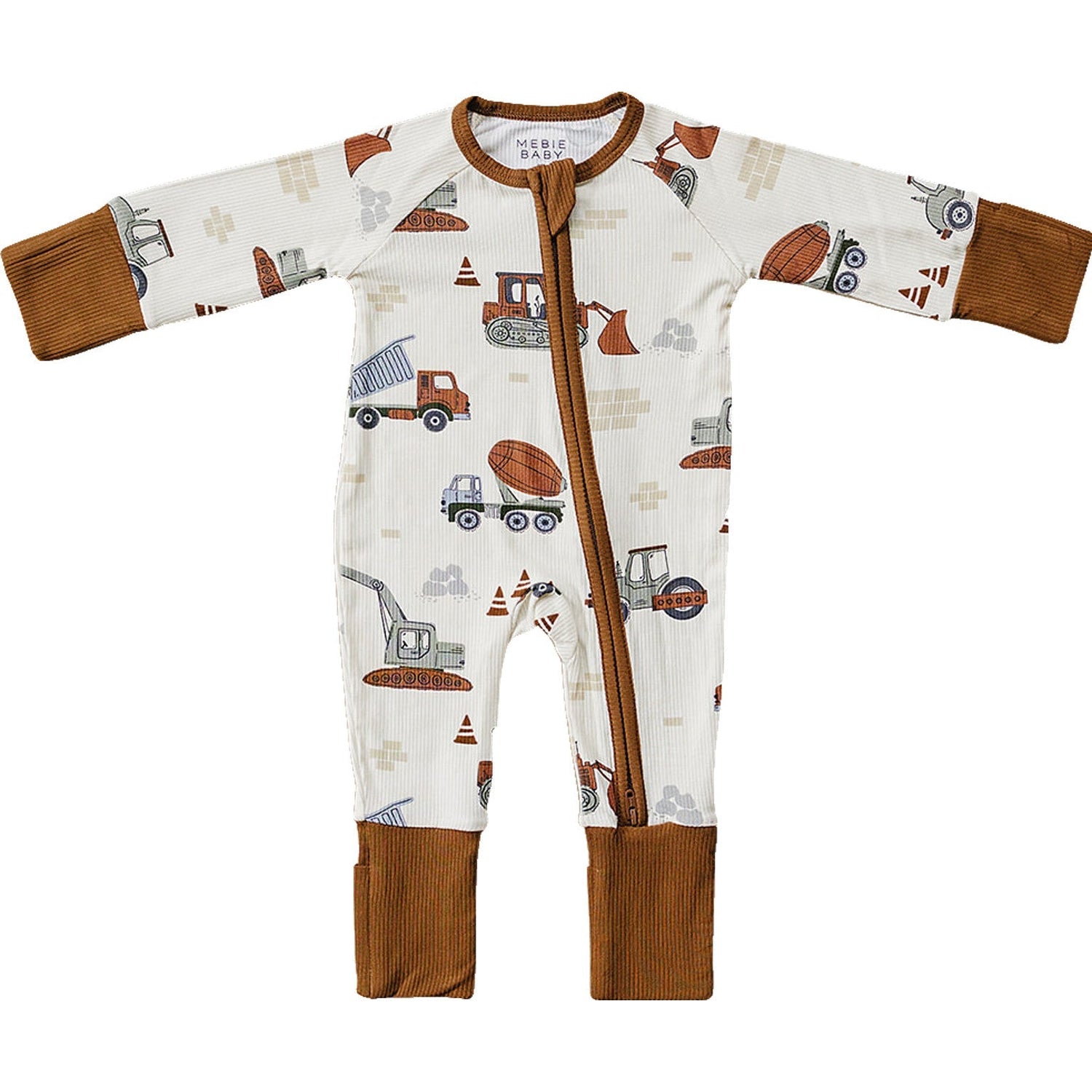 Mebie Baby Construction Trucks Ribbed Bamboo Zipper Onesie For Newborns To 18 Months - 