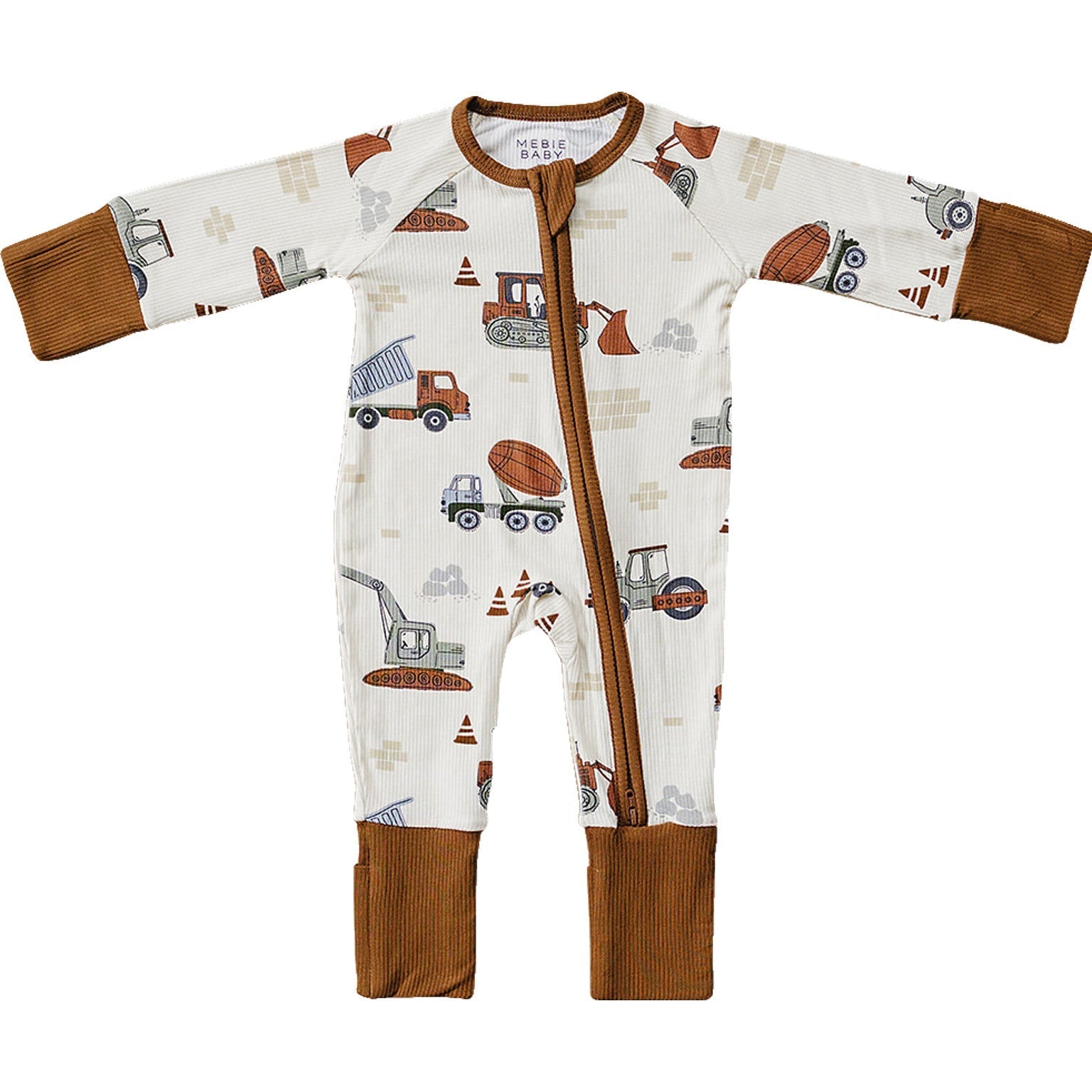 Mebie Baby Construction Trucks Ribbed Bamboo Zipper Onesie For Newborns To 18 Months - 