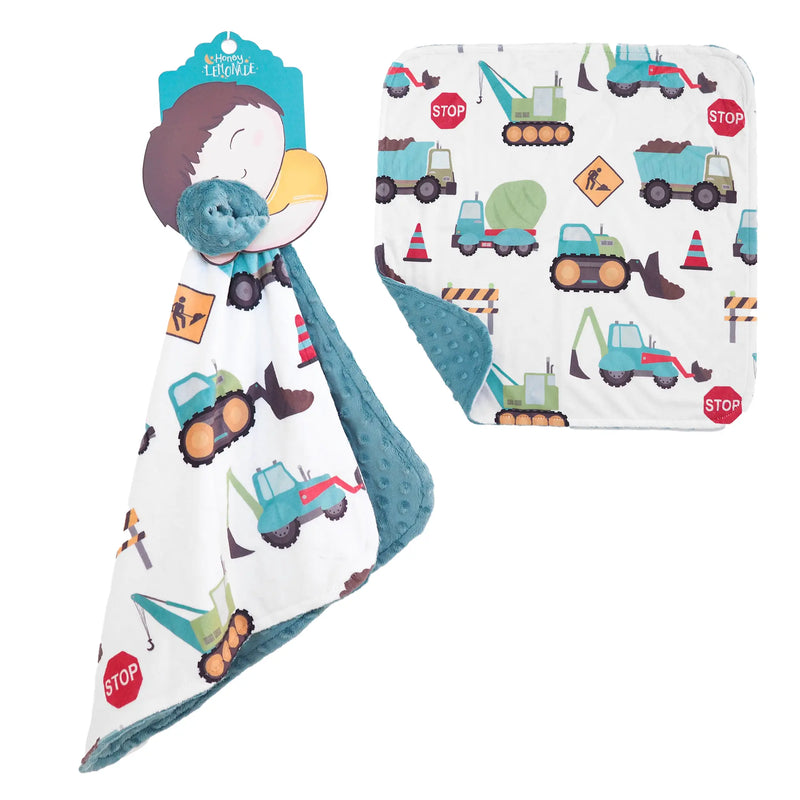 Mini Minky - Construction Trucks toddler blanket with construction vehicle print and plush Minky fabric.