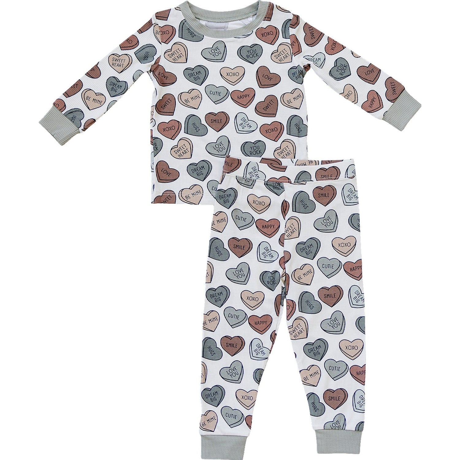 Two-piece ribbed bamboo cozy set with a Valentine's conversation hearts print in pink, red, and white.
