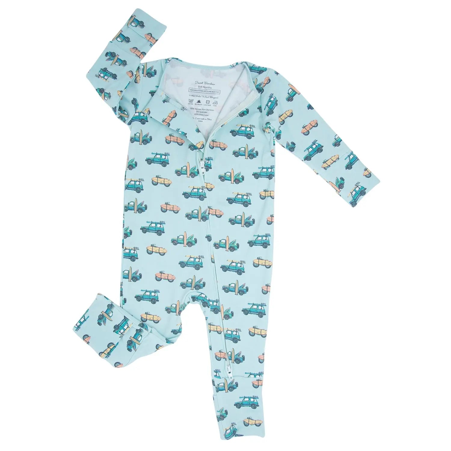 Surfing Beach Convertible Romper for Baby with Two Way Zip and Fold Over Legs Sweet Bamboo
