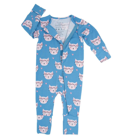 Pretty Pink Cat Convertible Romper for Babies with Two Way Zip and Fold Over Legs Sweet Bamboo