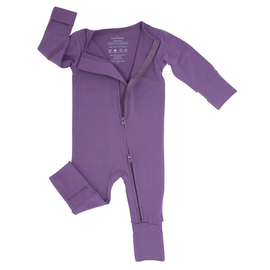 Deep Purple Convertible Romper for Babies with Two Way Zip and Fold Over Legs and Cuff Arms Sweet Bamboo