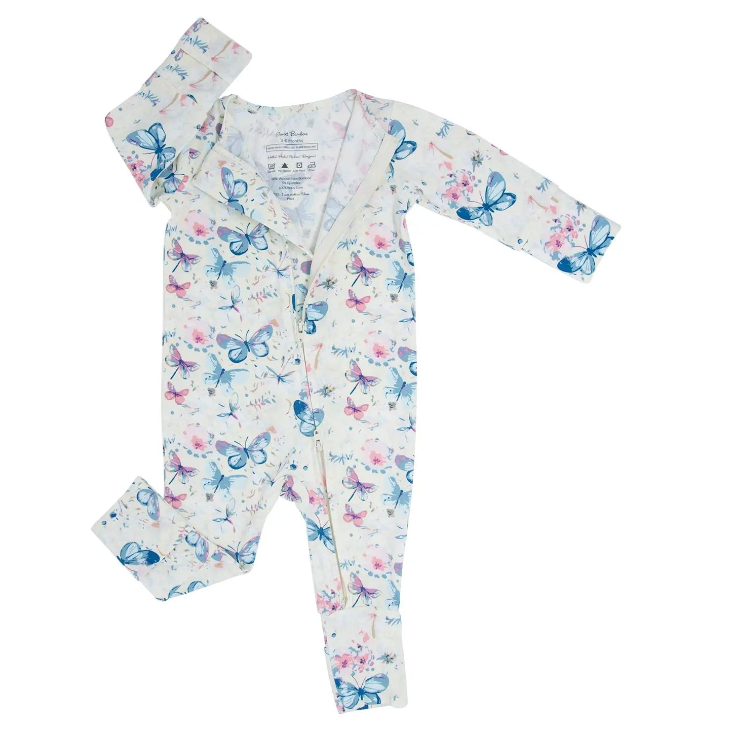 Watercolor Butterfly Convertible Romper For Babies With Two Way Zip And Fold Over Legs Sweet Bamboo