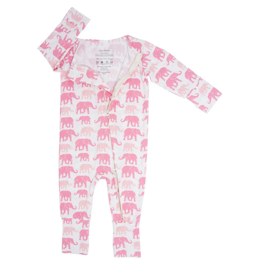 Pink Elephant Convertible Romper for Babies with Two Way Zip and Fold Over Legs Sweet Bamboo