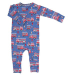 Blue Fire Truck Convertible Romper for Babies with Two Way Zip and Fold Over Cuffs Sweet Bamboo