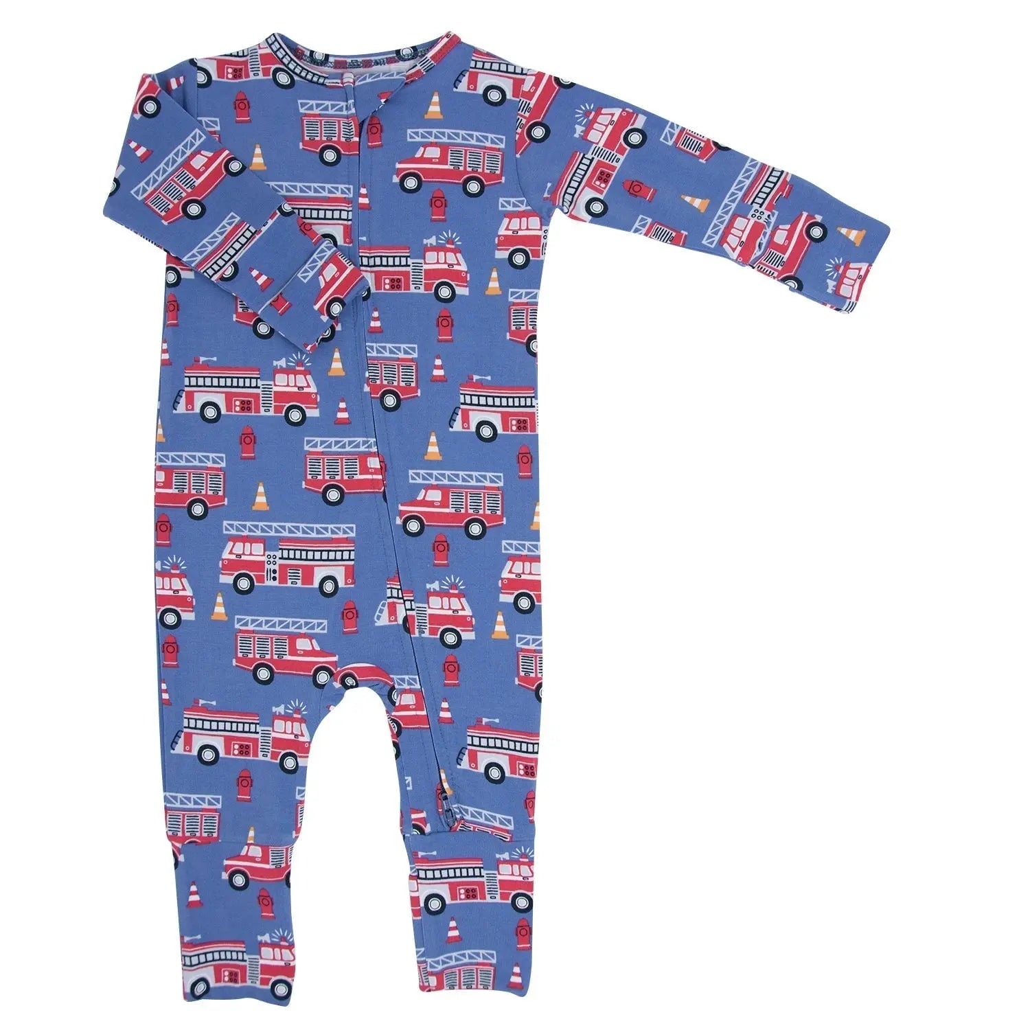Blue Fire Truck Convertible Romper for Babies with Two Way Zip and Fold Over Cuffs Sweet Bamboo