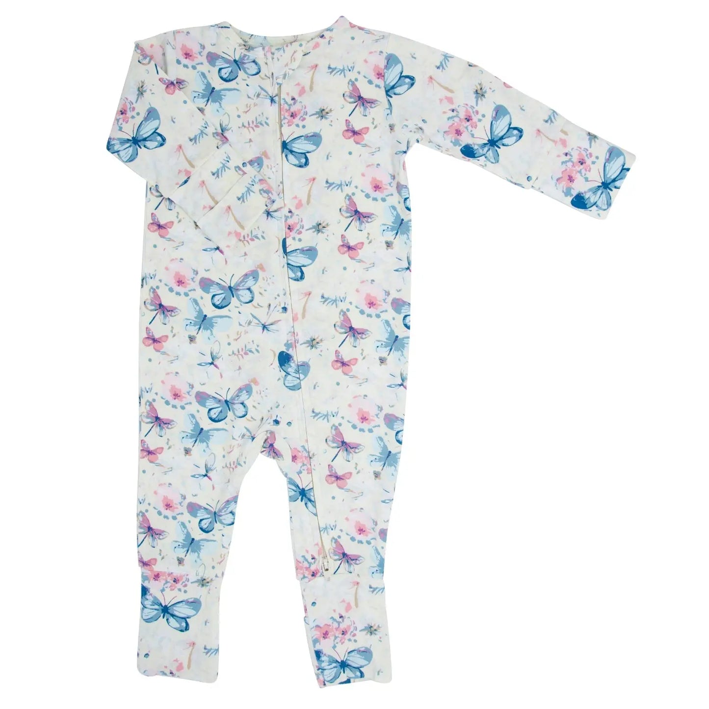 Watercolor Butterfly Convertible Romper For Babies With Two Way Zip And Fold Over Legs Sweet Bamboo