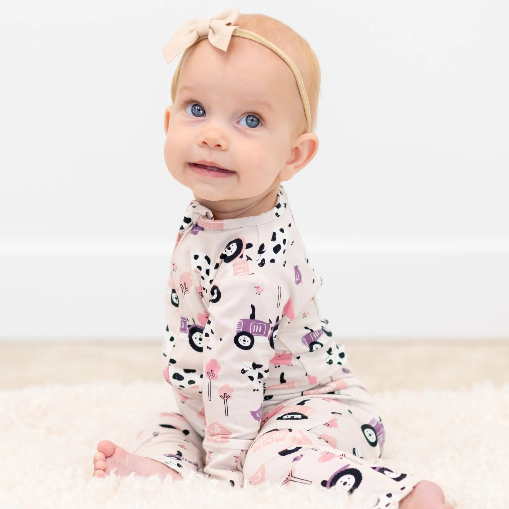 Tractors And Cows Convertible Romper For Babies With Two Way Zip Sweet Bamboo