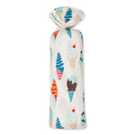 Blue swaddle blanket printed with ice cream cones, spread flat to show the pattern