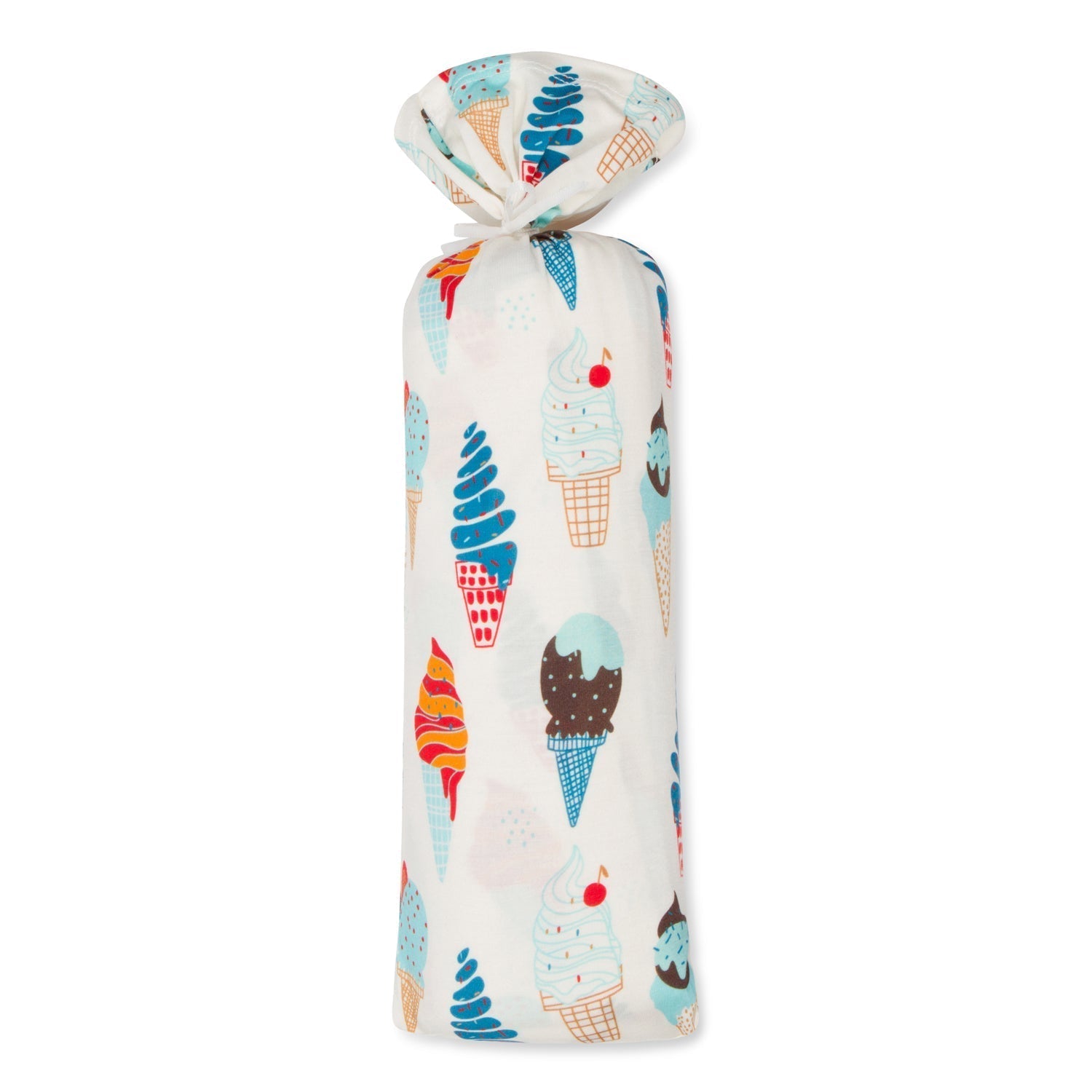 Blue swaddle blanket printed with ice cream cones, spread flat to show the pattern