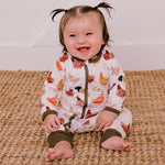 Baby coverall styled like a chicken with a front zipper and cuffed ankles.