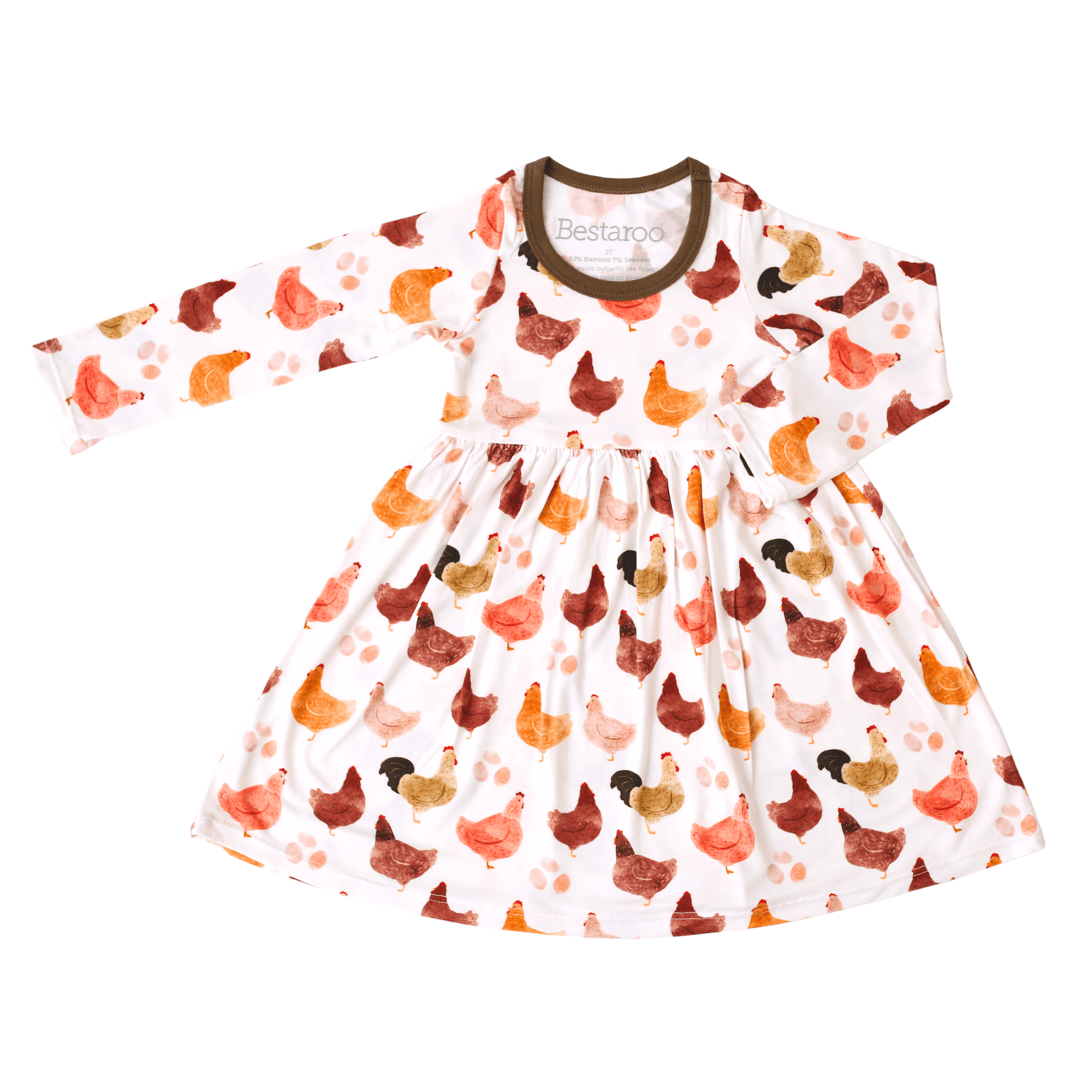 Long sleeve baby twirl dress in pink with a whimsical toadstool print and full skirt.