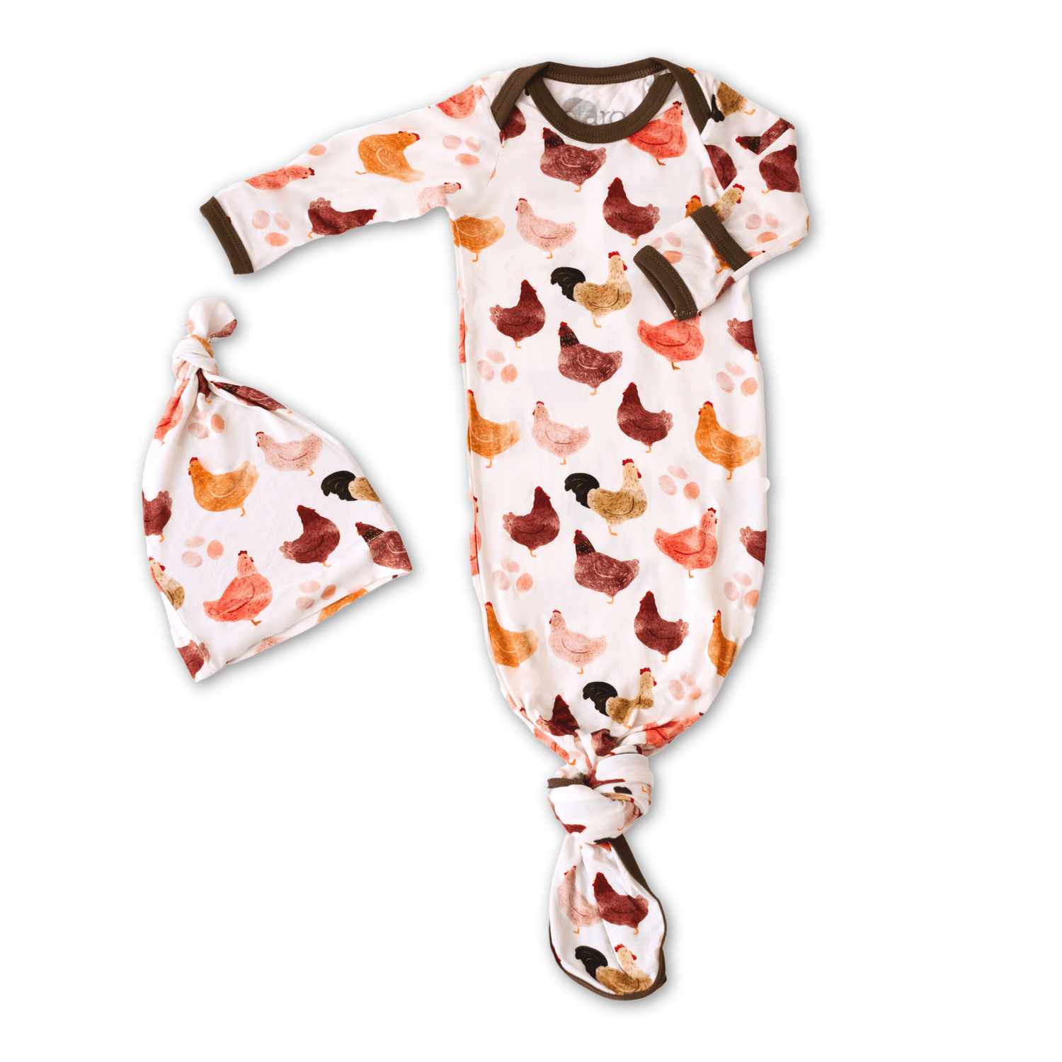 Baby knot gown with matching hat and fold-over hand mittens