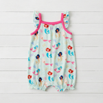 Coral bubble romper with flutter sleeves and snap closures along the legs