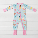 Baby convertible coverall in coral print with two-way zipper and convertible footed cuffs