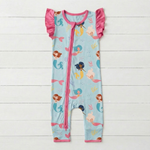 Baby coverall romper in coral print with long sleeves, covered feet and a full-length two-way zipper