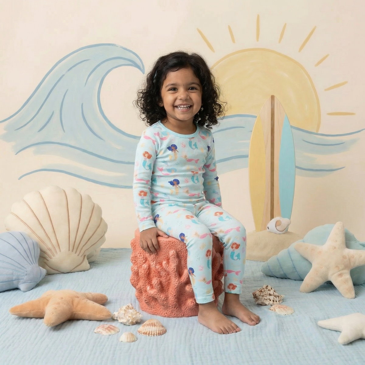 Two-piece long sleeve baby pajama set in coral print with matching pants