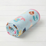 Oversized square baby swaddle blanket with a coral print in soft pink and cream tones