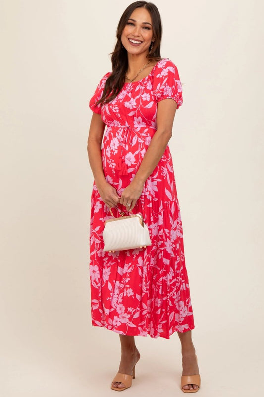 Coral Floral Off Shoulder Puff Sleeve Maternity Midi Dress.