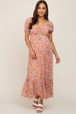 PinkBlush Coral Floral Sweetheart Drawstring Neck Short Sleeve Maternity Midi Dress - 