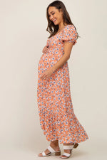 PinkBlush Coral Floral Sweetheart Drawstring Neck Short Sleeve Maternity Midi Dress - 