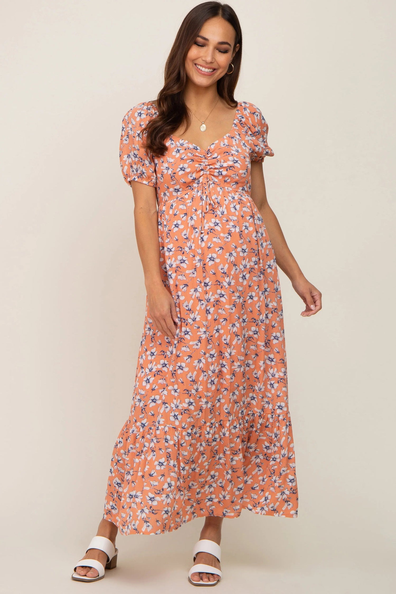 Coral Floral Sweetheart Drawstring Neck Short Sleeve Maternity Midi Dress - Day Dress, One-piece garment, Pink, Cocktail dress, Gown | Everetts Place