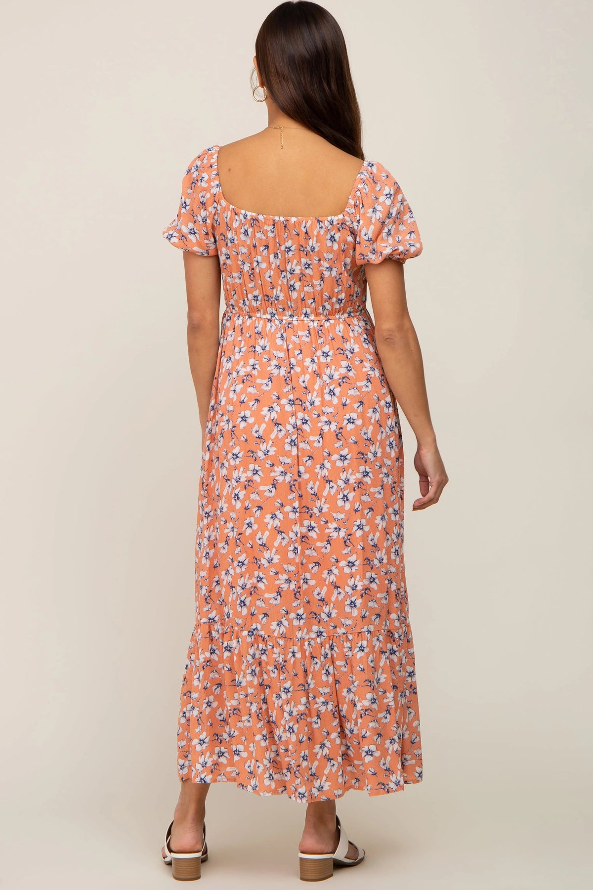 PinkBlush Coral Floral Sweetheart Drawstring Neck Short Sleeve Maternity Midi Dress - 
