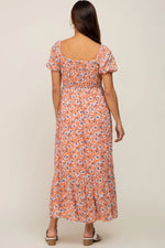 PinkBlush Coral Floral Sweetheart Drawstring Neck Short Sleeve Maternity Midi Dress - 