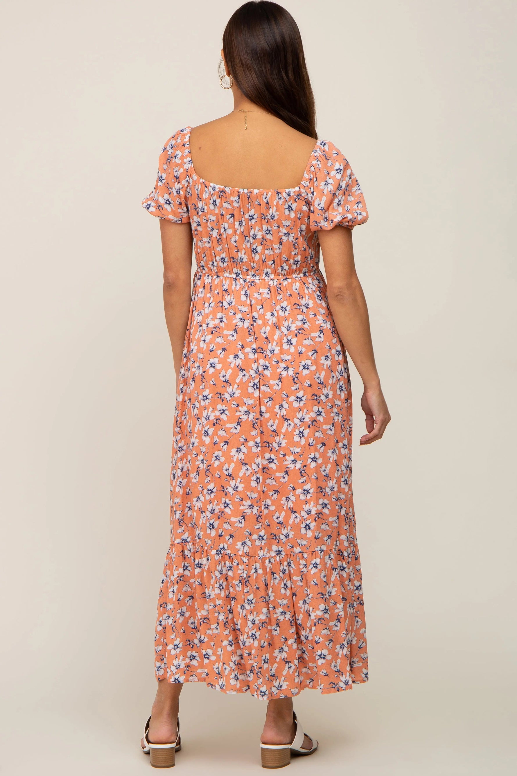 PinkBlush Coral Floral Sweetheart Drawstring Neck Short Sleeve Maternity Midi Dress - 