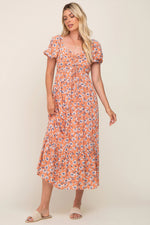 PinkBlush Coral Floral Sweetheart Drawstring Neck Short Sleeve Maternity Midi Dress - 
