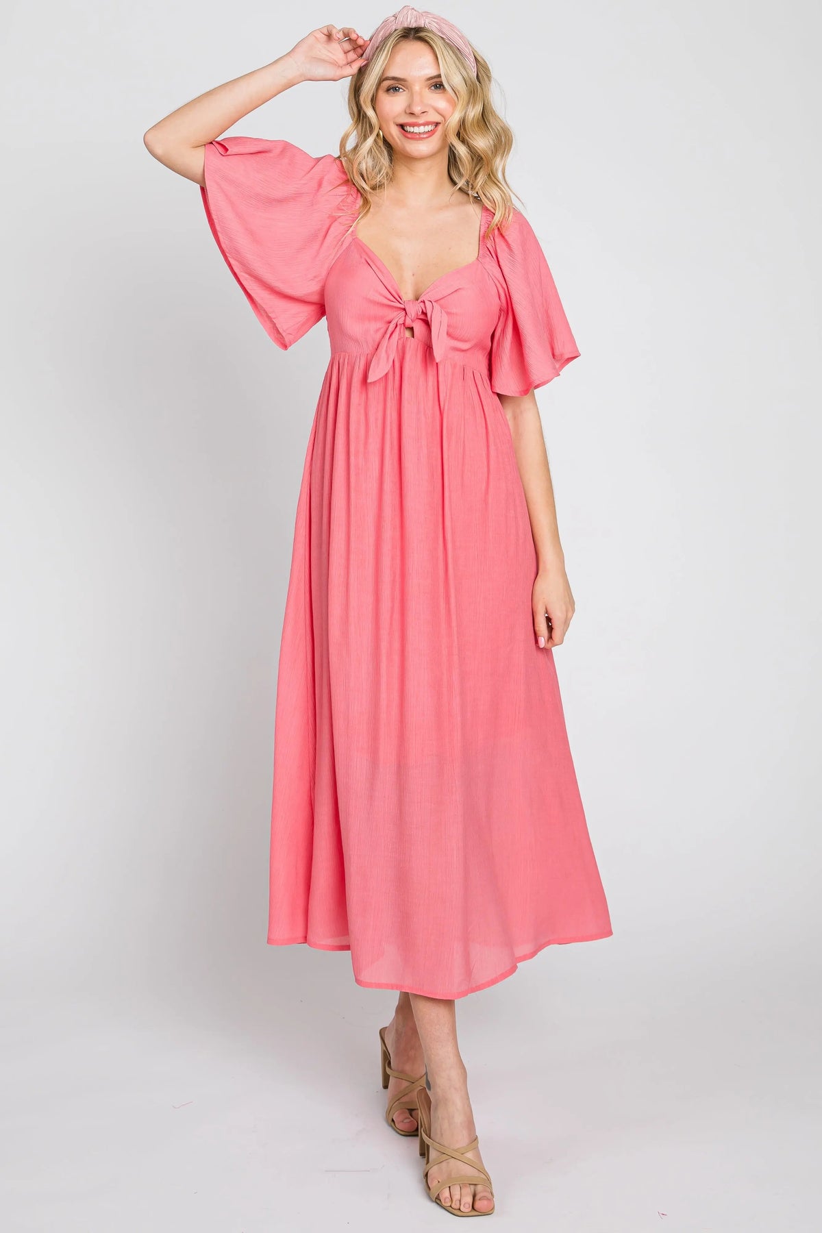 PinkBlush Coral Front Tie Ruffle Sleeve Maternity Midi Dress - 