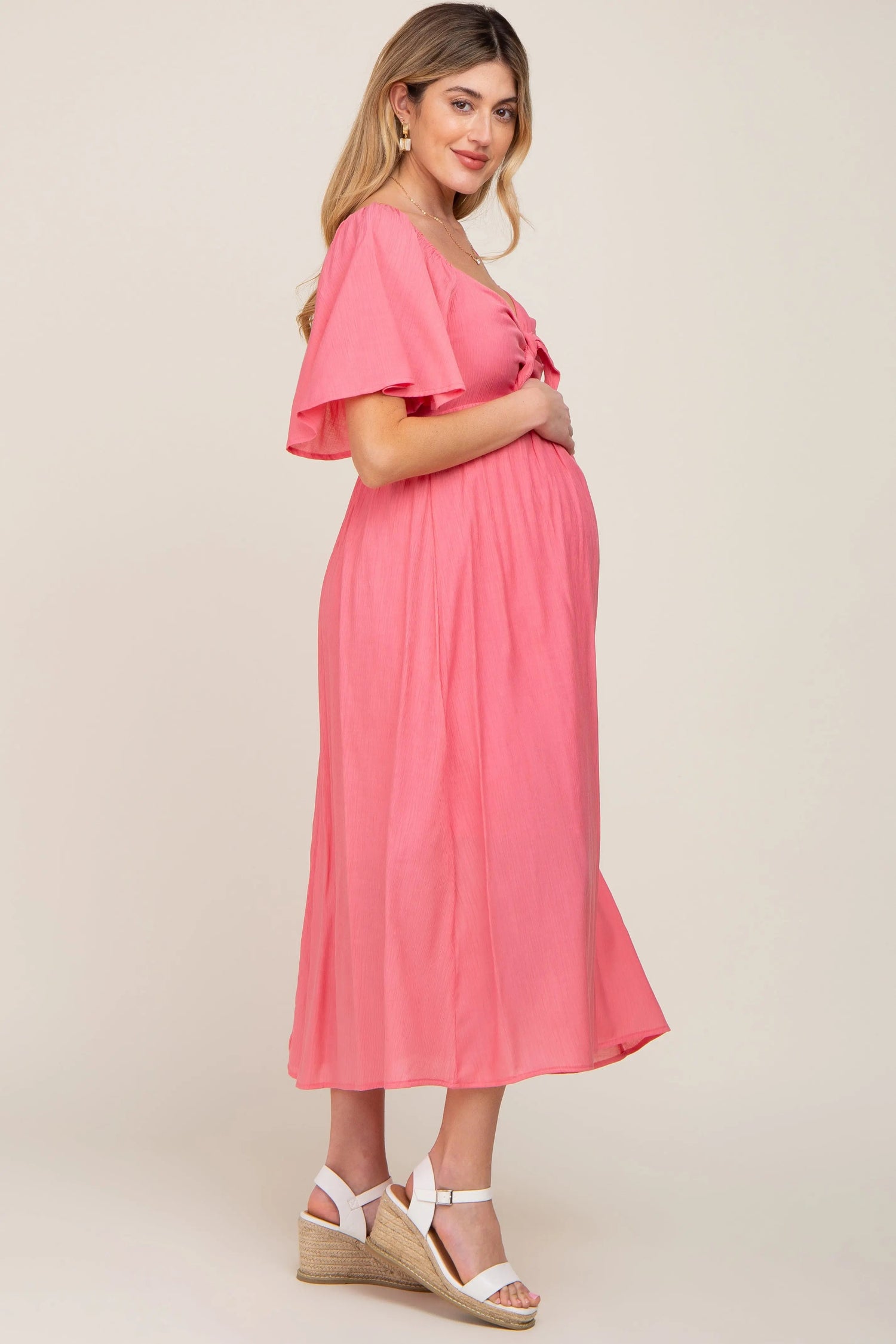 PinkBlush Coral Front Tie Ruffle Sleeve Maternity Midi Dress - 