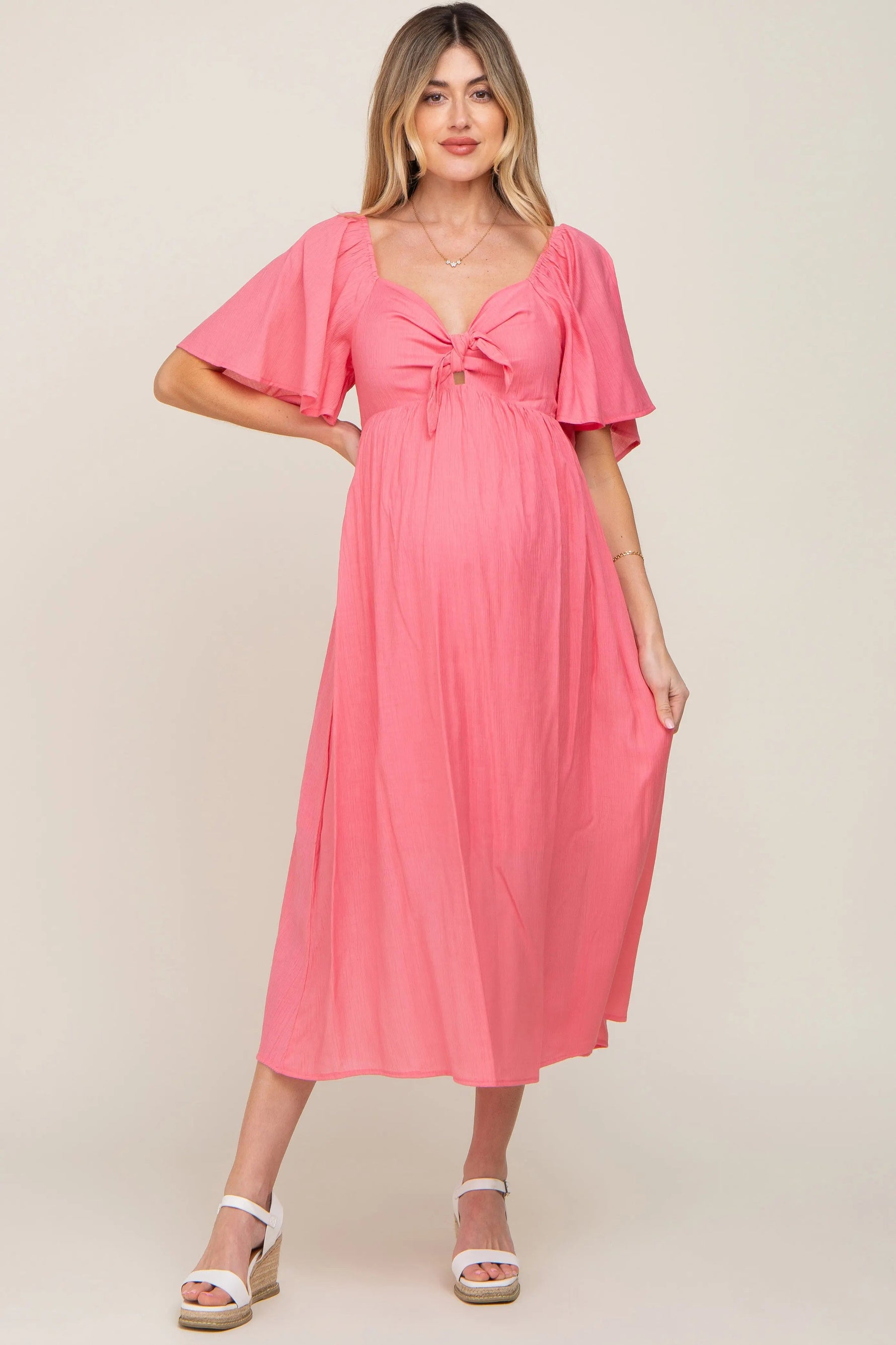 PinkBlush Coral Front Tie Ruffle Sleeve Maternity Midi Dress - 