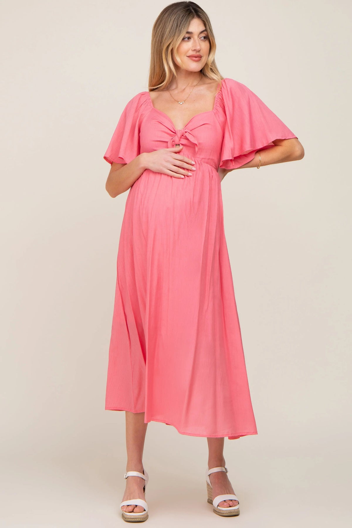 PinkBlush Coral Front Tie Ruffle Sleeve Maternity Midi Dress - 