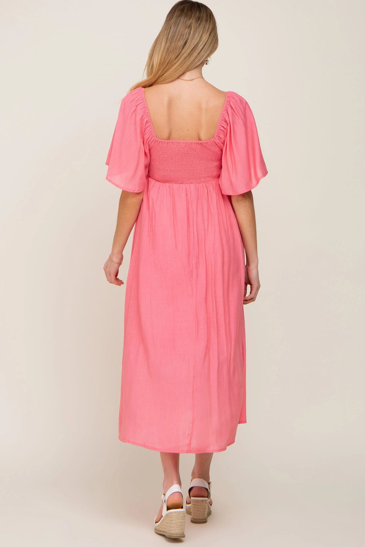 PinkBlush Coral Front Tie Ruffle Sleeve Maternity Midi Dress - 