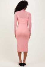 PinkBlush Coral Mesh Overlay Fitted Midi Dress for Elegant Women’s Occasions - 