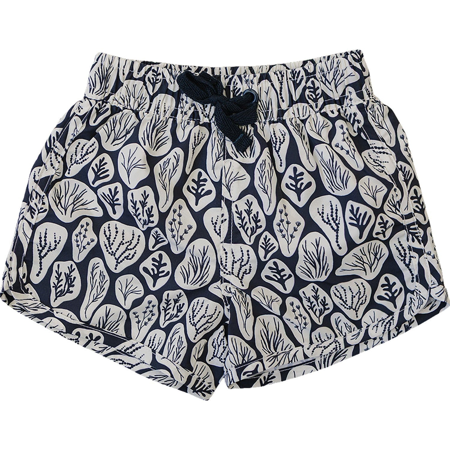 Baby swim shorts in a coral reef print with a drawstring waist.
