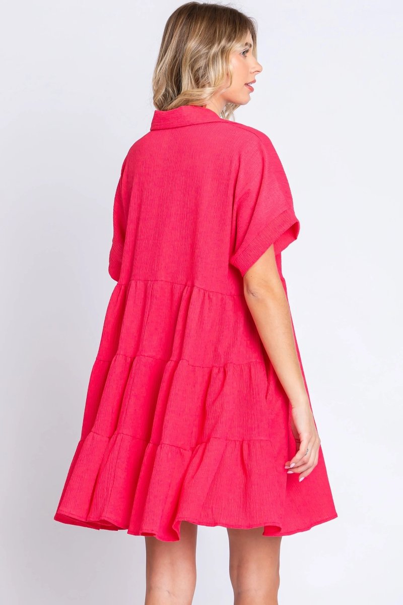 PinkBlush Coral Short Sleeve Dress with Tiered Back and Pockets for Summer Style - 