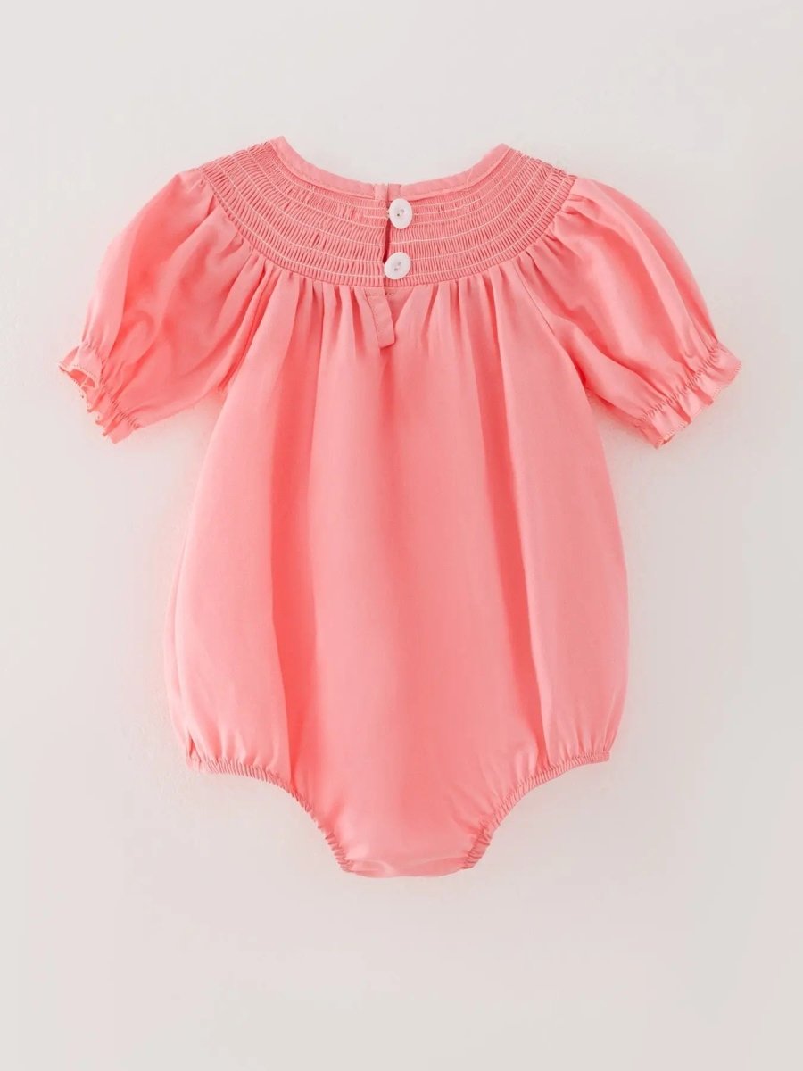 Rylee Faith Designs Coral Smocked Church Christ Bishop Christening Girls Romper - Everetts Place Boutique - 