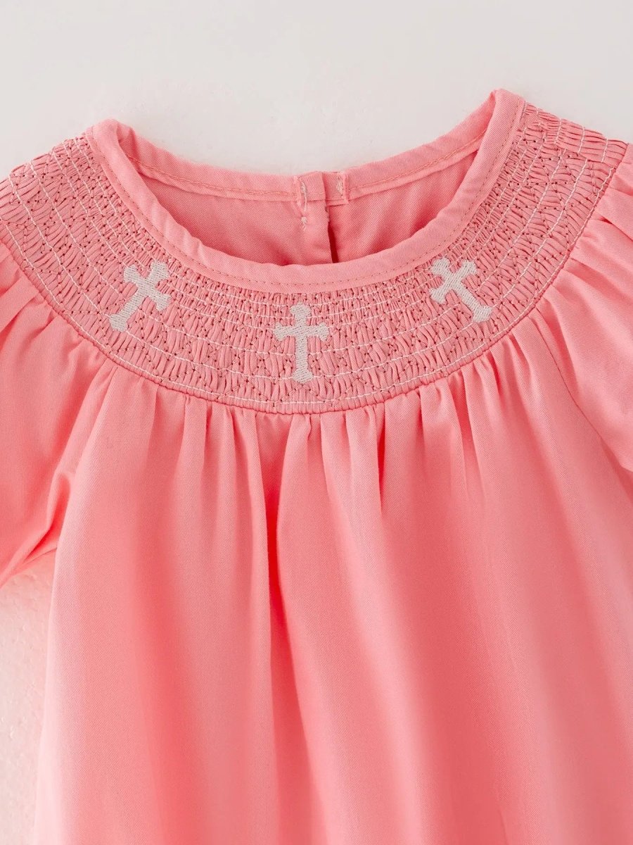 Rylee Faith Designs Coral Smocked Church Christ Bishop Christening Girls Romper - Everetts Place Boutique - 