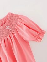 Rylee Faith Designs Coral Smocked Church Christ Bishop Christening Girls Romper - Everetts Place Boutique - 