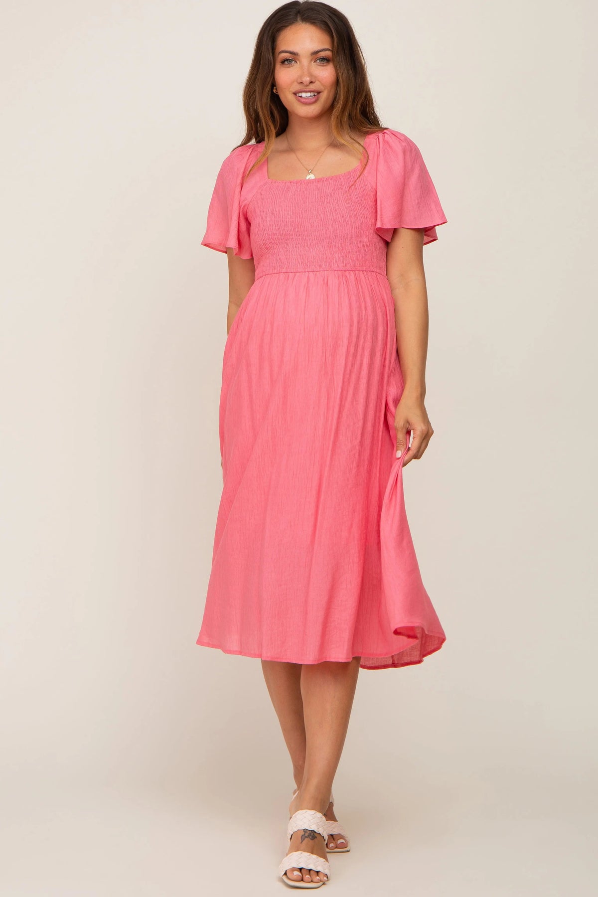 PinkBlush Coral Smocked Square Neck Flutter Short Sleeve Maternity Midi Dress - 