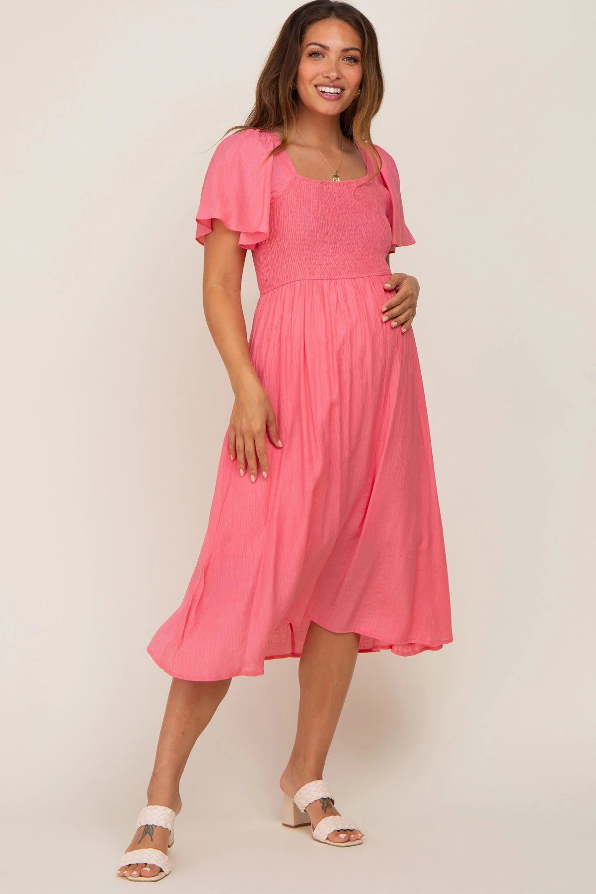Coral Smocked Square Neck Flutter Short Sleeve Maternity Midi Dress - Dress, Day Dress, One-piece garment, Pink, Fashion | Everetts Place