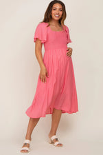 Coral Smocked Square Neck Flutter Short Sleeve Maternity Midi Dress - Dress, Day Dress, One-piece garment, Pink, Fashion | Everetts Place