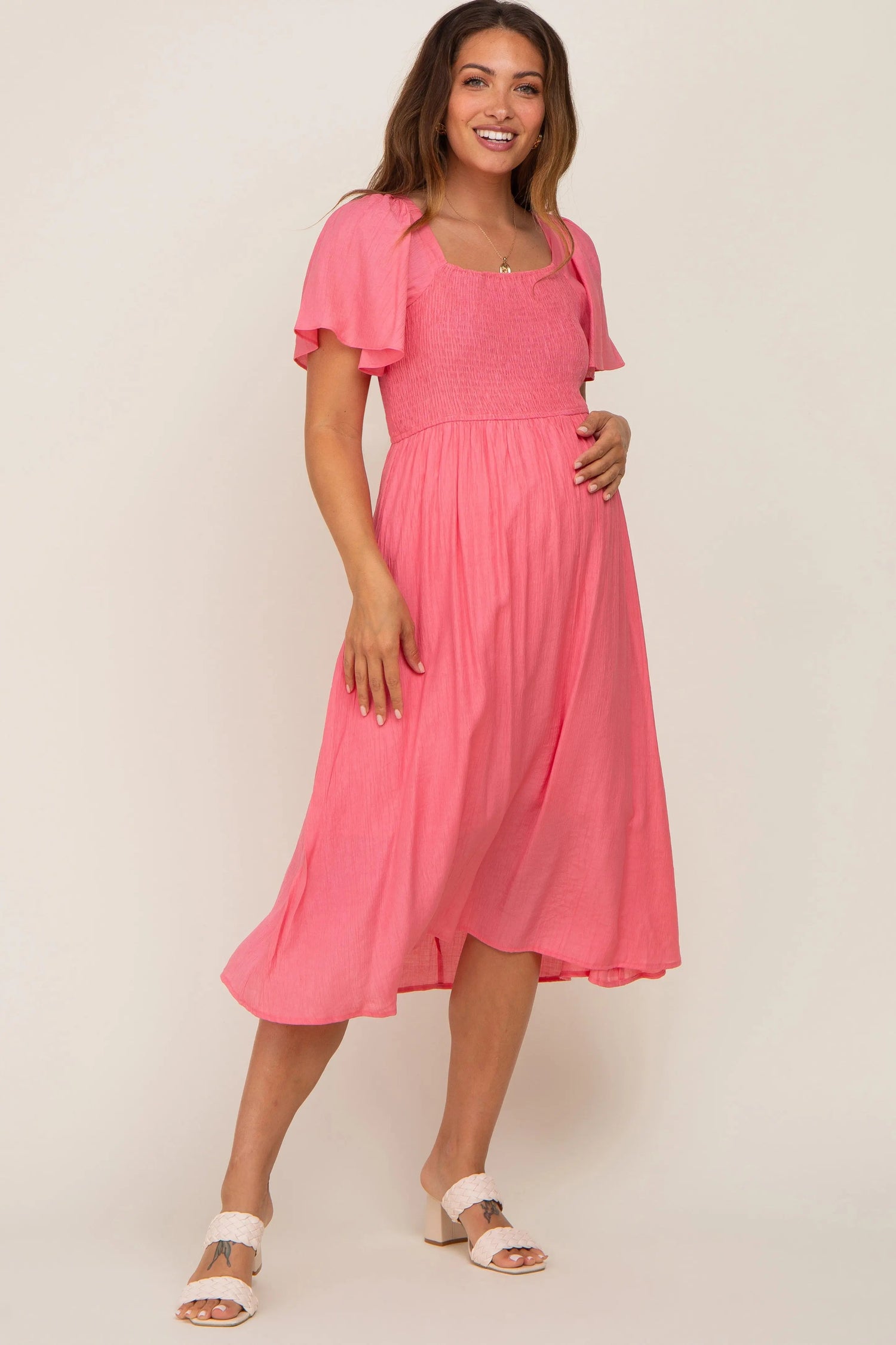 Coral Smocked Square Neck Flutter Short Sleeve Maternity Midi Dress - Dress, Day Dress, One-piece garment, Pink, Fashion | Everetts Place