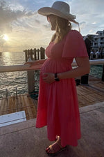 PinkBlush Coral Smocked Square Neck Flutter Short Sleeve Maternity Midi Dress - 