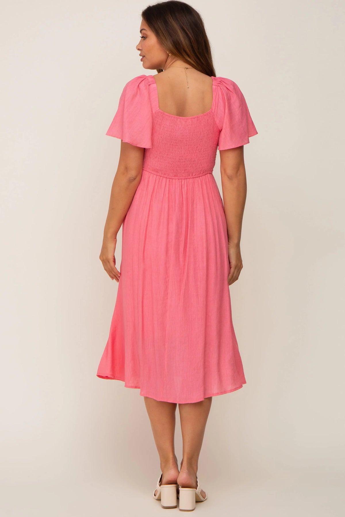 PinkBlush Coral Smocked Square Neck Flutter Short Sleeve Maternity Midi Dress - 
