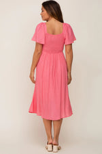 PinkBlush Coral Smocked Square Neck Flutter Short Sleeve Maternity Midi Dress - 